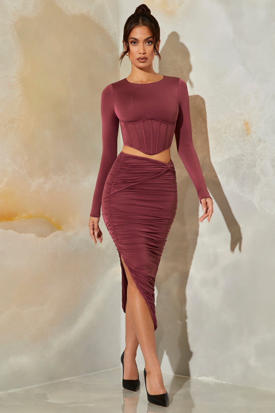 ruched maxi sukně v tmavě fialové