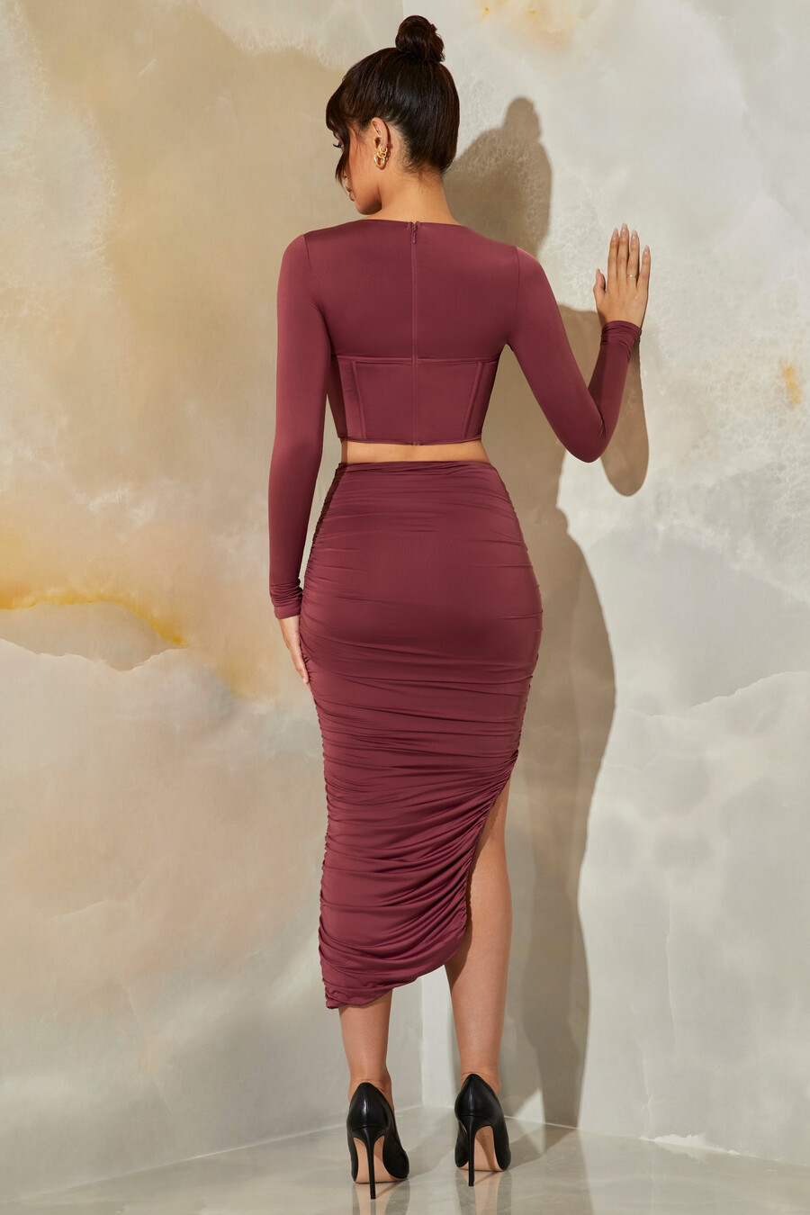 ruched maxi sukně v tmavě fialové