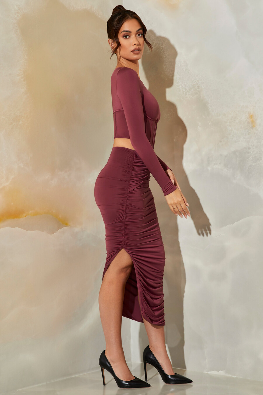 ruched maxi sukně v tmavě fialové