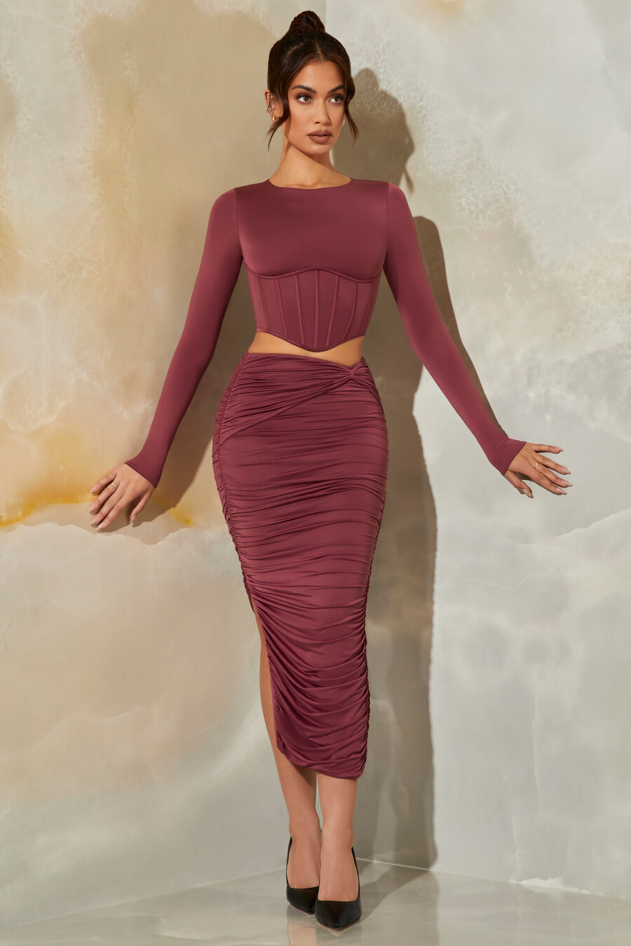ruched maxi sukně v tmavě fialové