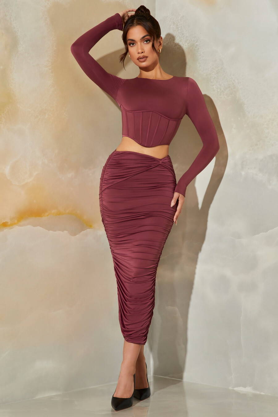 ruched maxi sukně v tmavě fialové