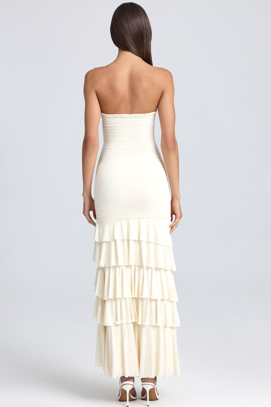 bandeau ruched ruffle-trim maxi šaty ze slonoviny